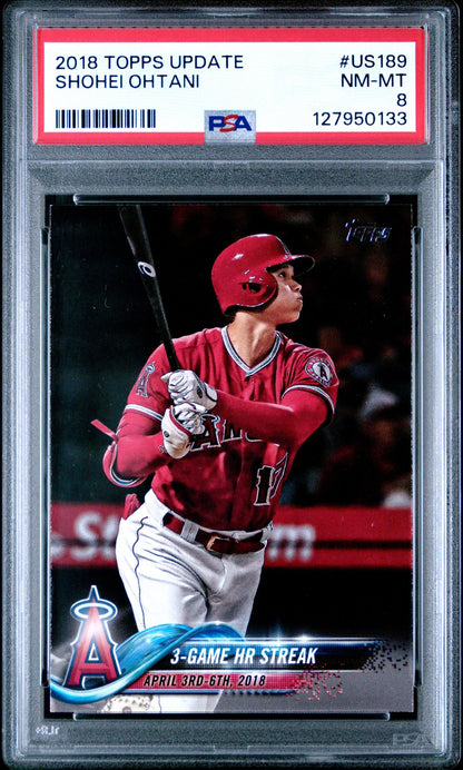 Shohei Ohtani PSA 8 2018 Topps Update #US189 3-Game HR Streak - front of slab