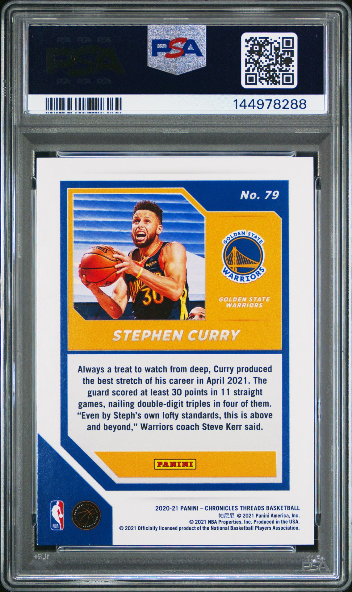 Stephen Curry PSA 9 2020 Panini Chronicles Bronze #79 back