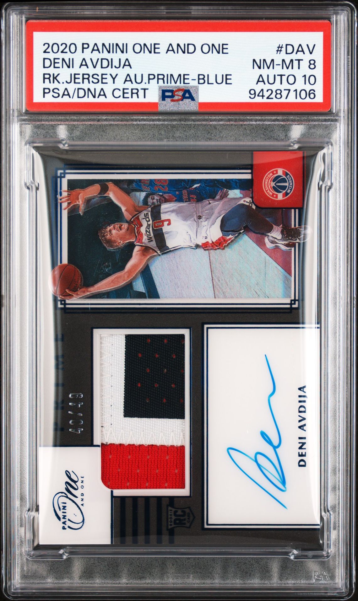 Deni Avdija Rookie Patch Auto PSA 8 2020 Panini One and One Prime Blue #DAV front