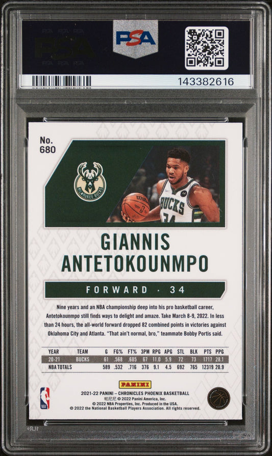 Giannis Antetokounmpo PSA 10 2021 Panini Chronicles Silver #680 back
