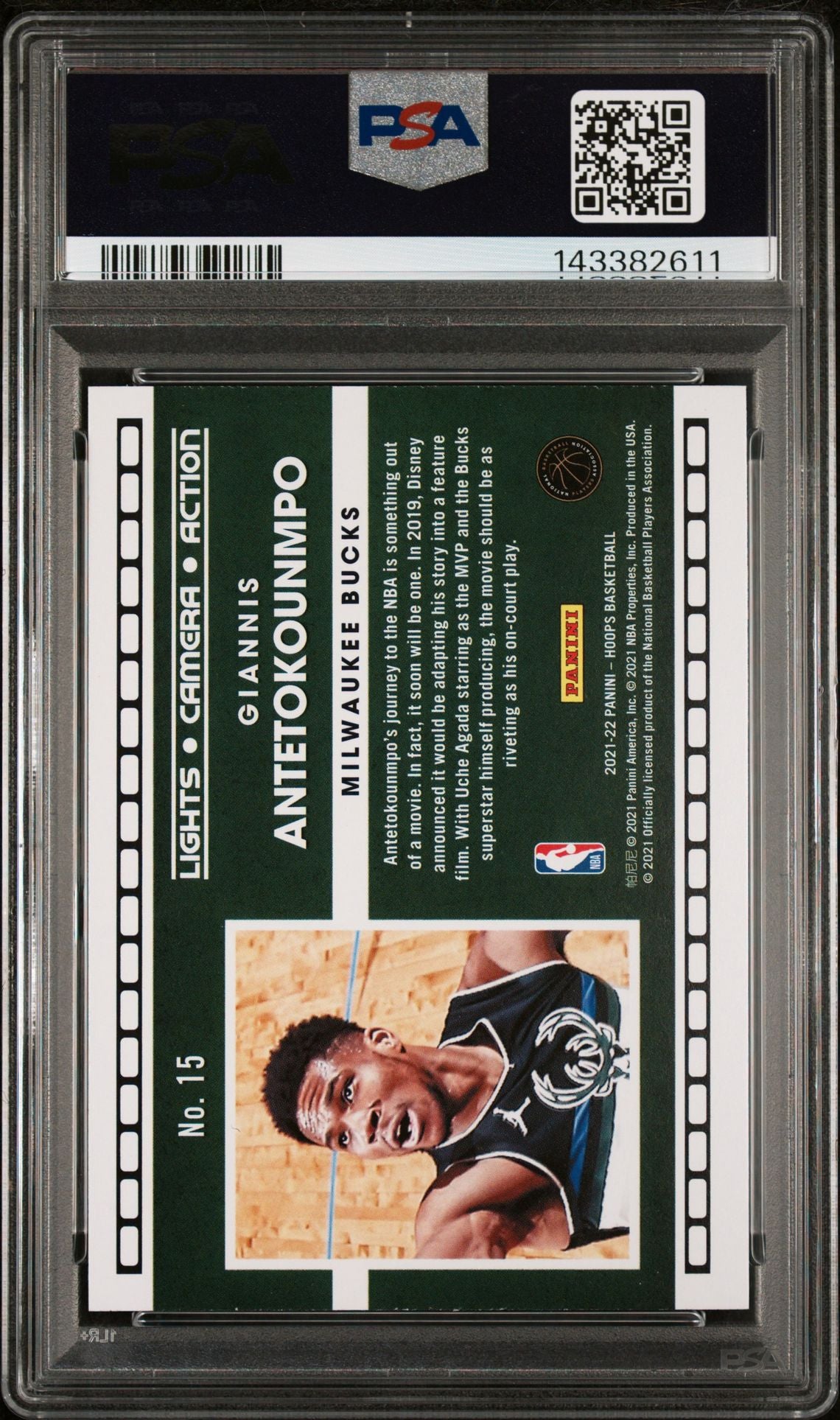 Giannis Antetokounmpo PSA 10 2021 Panini NBA Hoops Lights Camera Action Holo #15 back