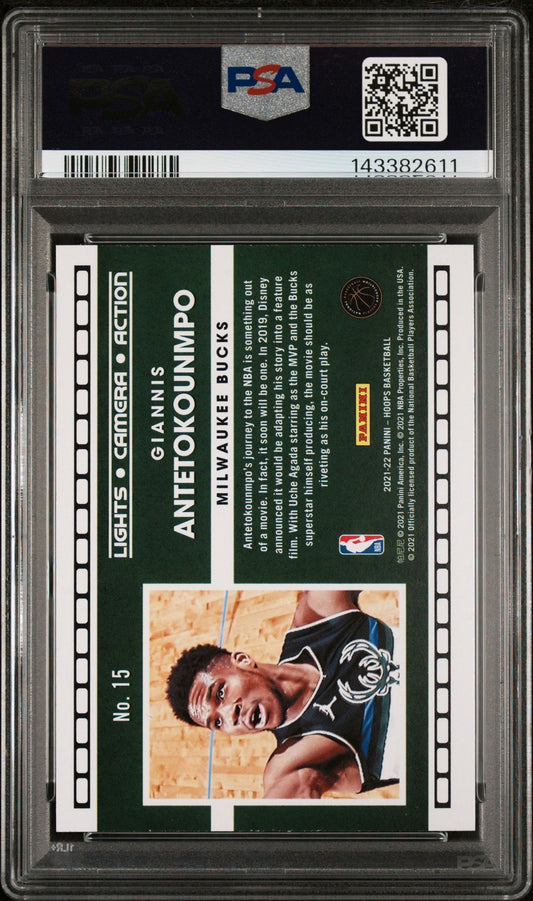 Giannis Antetokounmpo PSA 10 2021 Panini NBA Hoops Lights Camera Action Holo #15 back