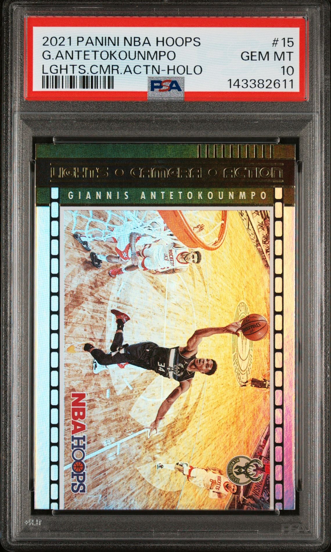 Giannis Antetokounmpo PSA 10 2021 Panini NBA Hoops Lights Camera Action Holo #15 front