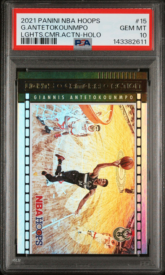 Giannis Antetokounmpo PSA 10 2021 Panini NBA Hoops Lights Camera Action Holo #15 front