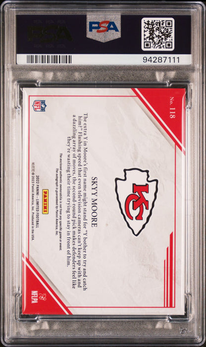 Skyy Moore Rookie Patch Auto PSA 8 2022 Panini Limited Ruby #118 back