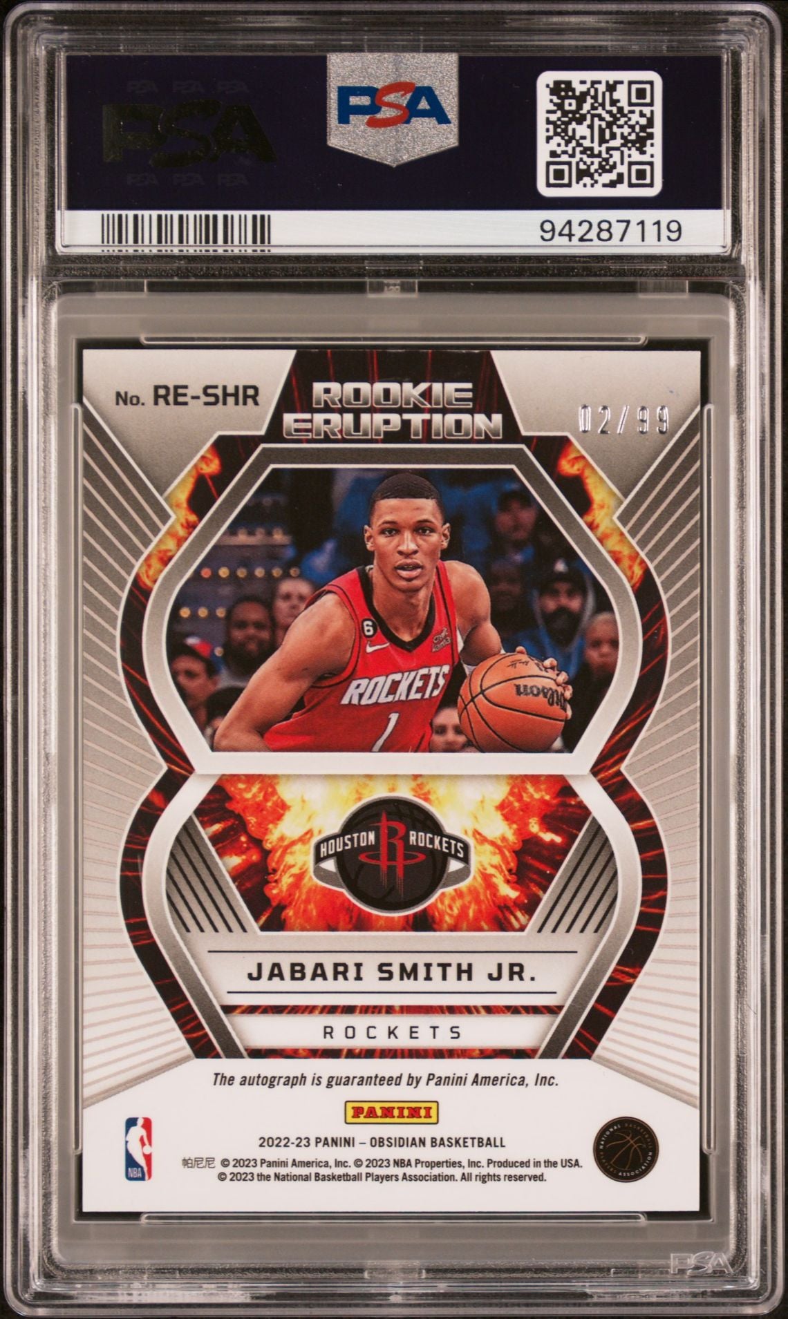 Jabari Smith Jr. Rookie Auto PSA 9 2022 Panini Obsidian Rookie Eruption Autographs #RESHR back