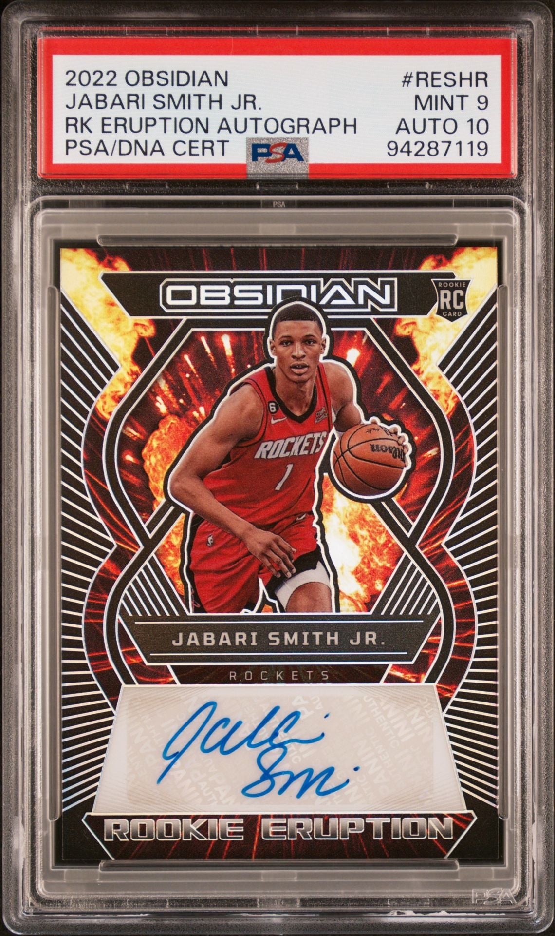 Jabari Smith Jr. Rookie Auto PSA 9 2022 Panini Obsidian Rookie Eruption Autographs #RESHR front