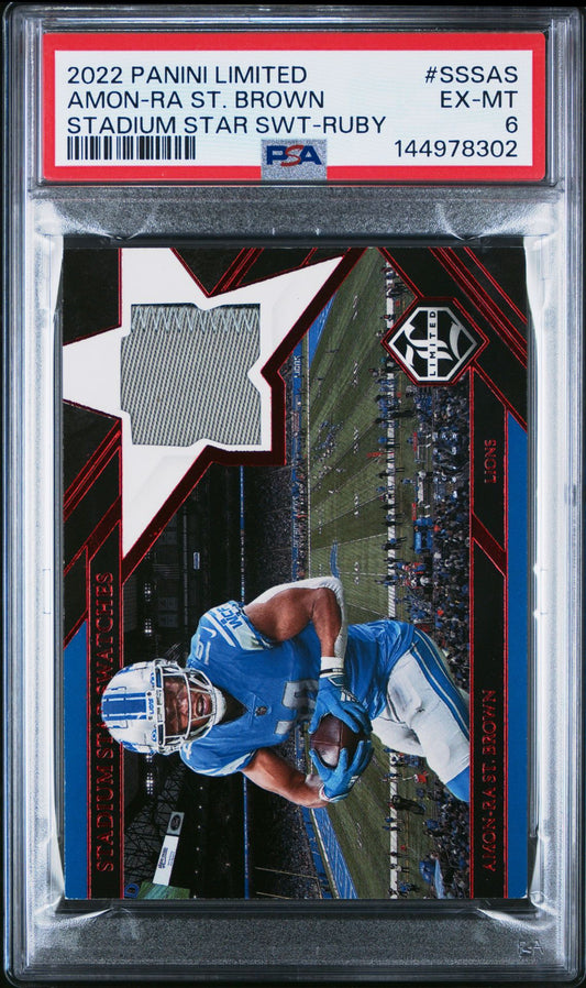 Amon-Ra St. Brown Relic PSA 6 2022 Panini Limited Stadium Star Swatch Ruby #SSSAS front