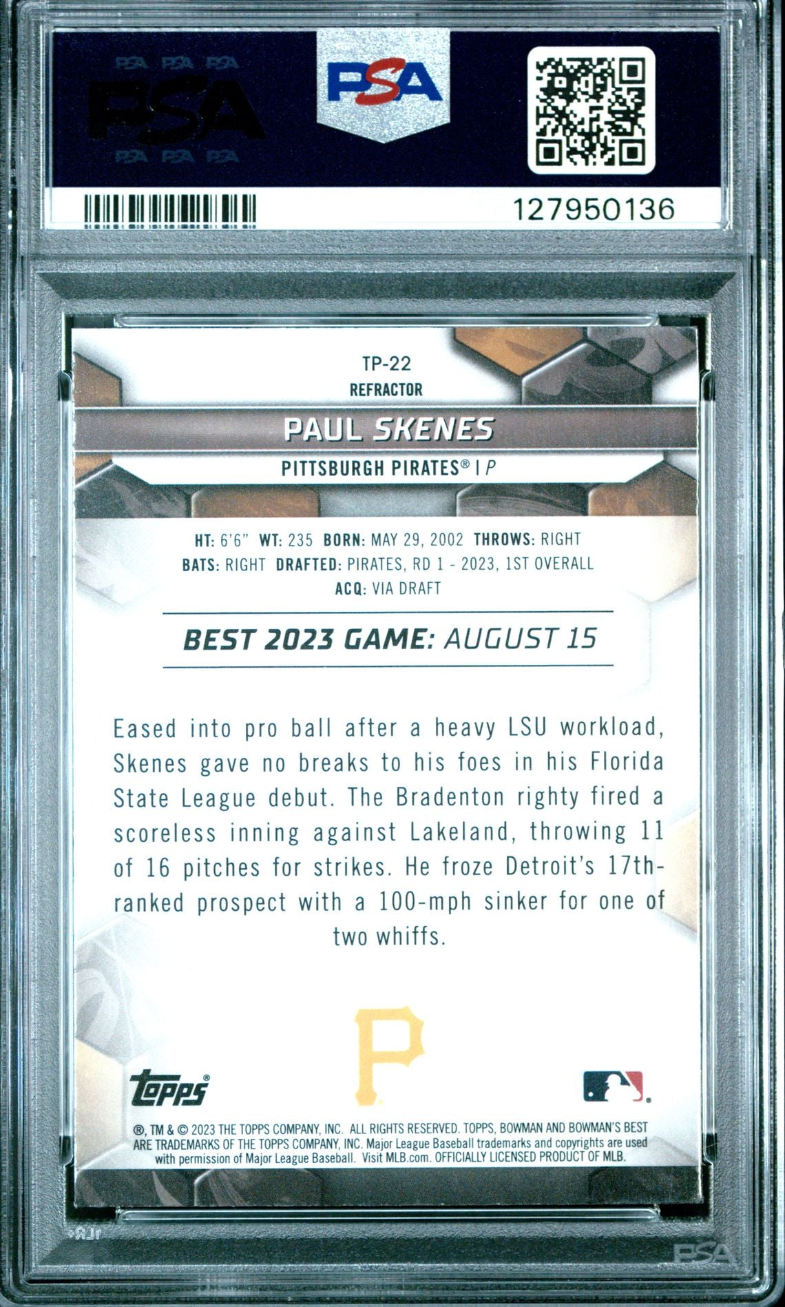 Paul Skenes PSA 10 Refractor - back of slab showing cert 127950136