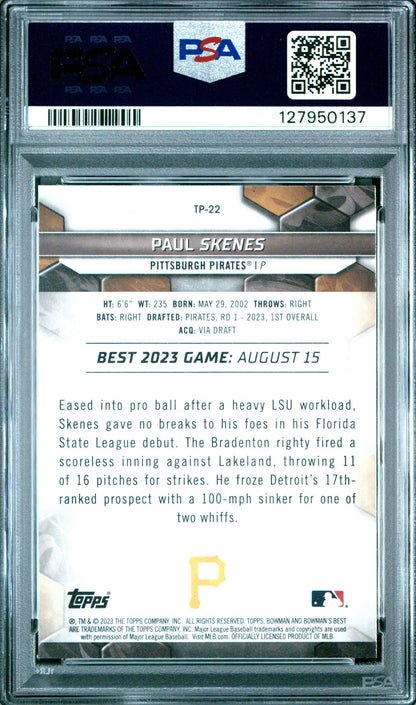 Paul Skenes PSA 10 base Top Prospects - back of slab showing cert 127950137