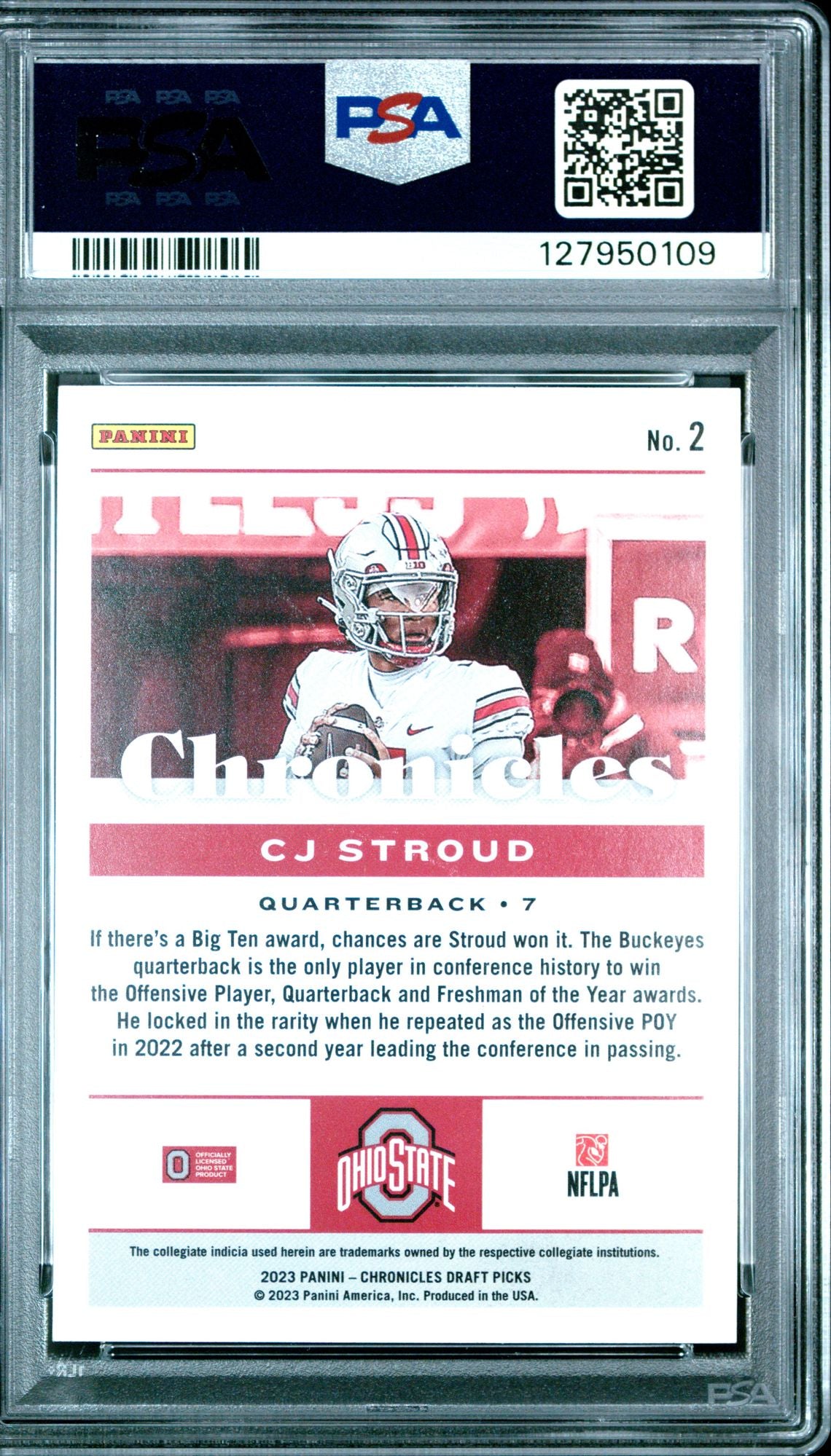 2023 Chronicles Draft Picks Green #2 C.J. Stroud PSA 9 rookie - back of slab showing cert 127950109