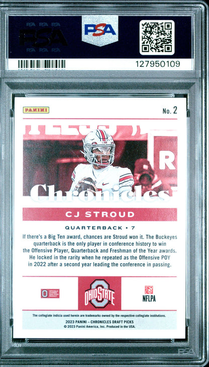 2023 Chronicles Draft Picks Green #2 C.J. Stroud PSA 9 rookie - back of slab showing cert 127950109