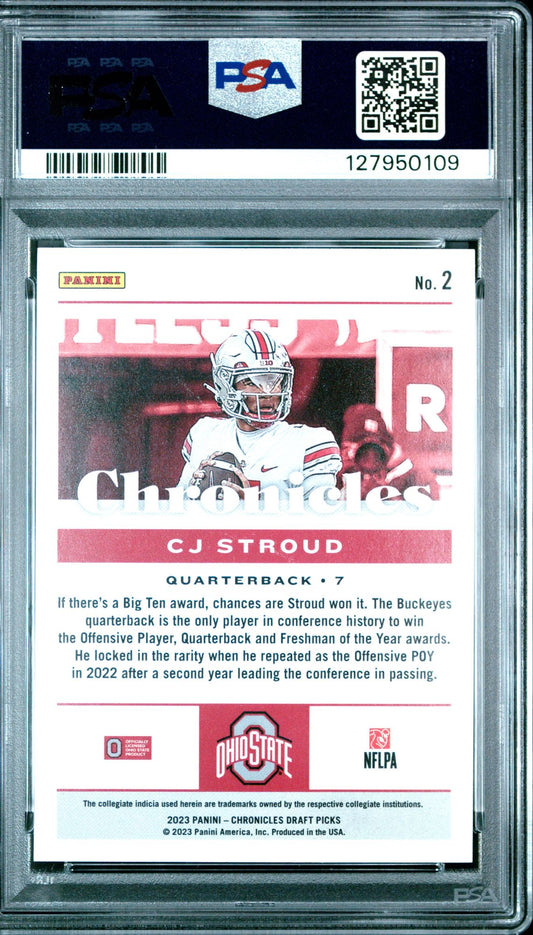 2023 Chronicles Draft Picks Green #2 C.J. Stroud PSA 9 rookie - back of slab showing cert 127950109
