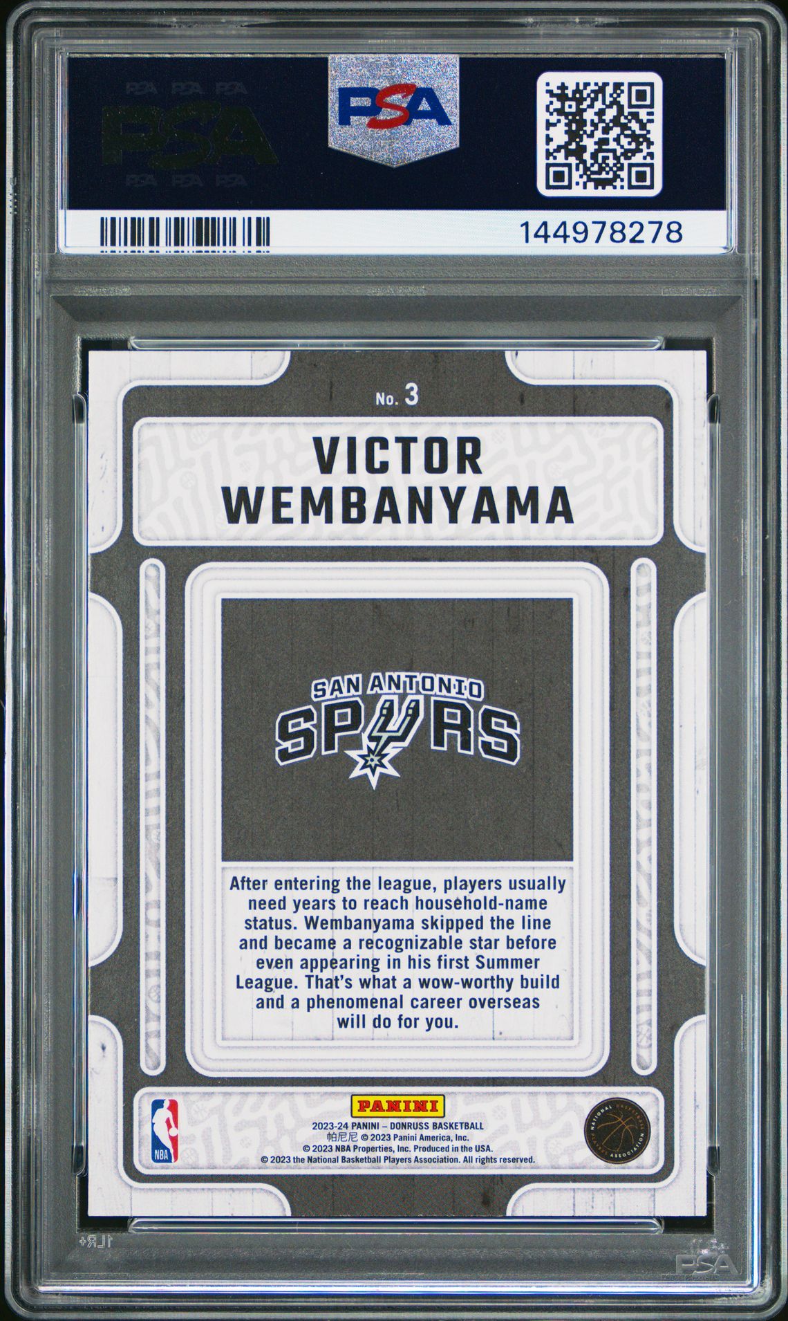 Victor Wembanyama PSA 10 2023 Panini Donruss Hardwood Masters #3 back