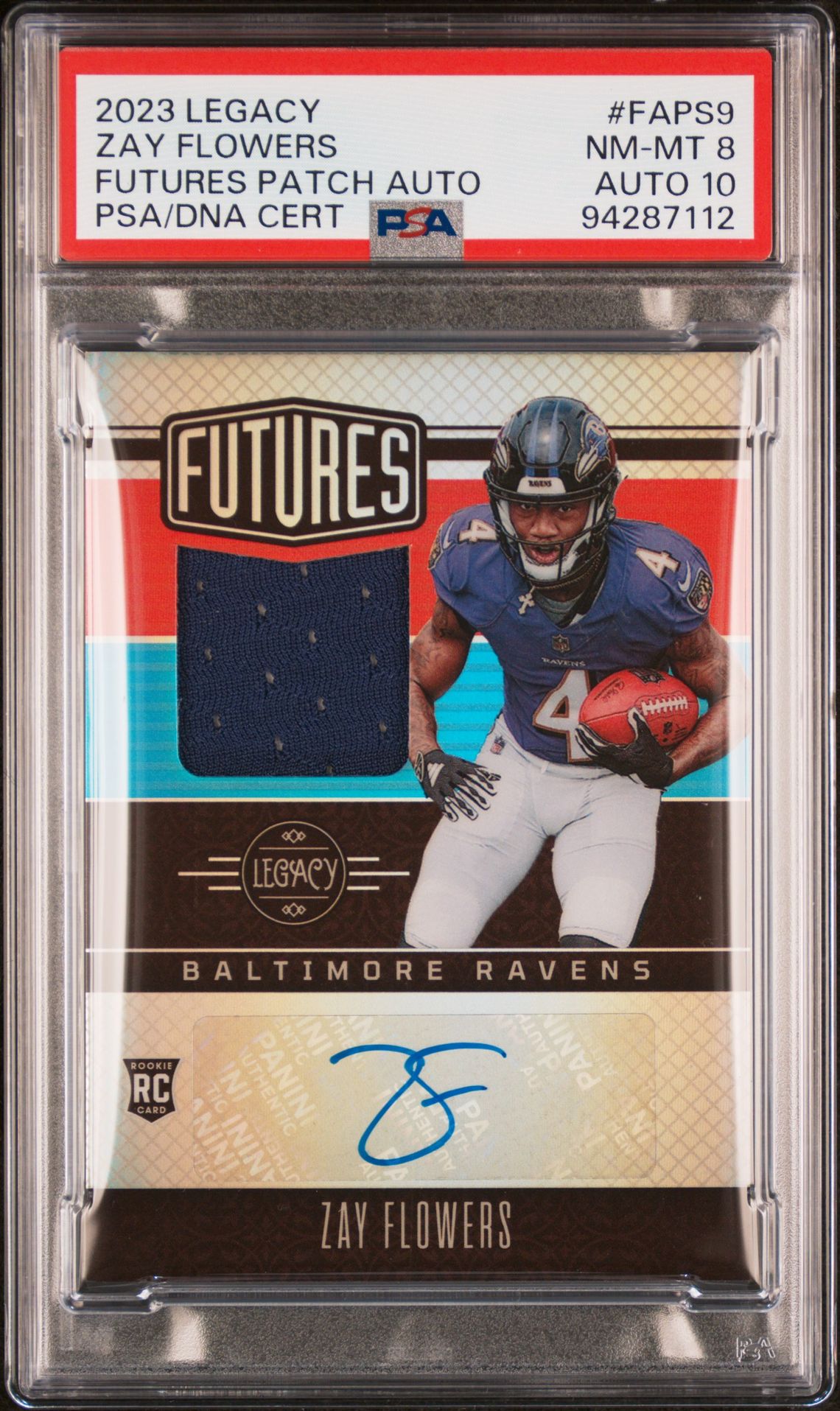 Zay Flowers Rookie Patch Auto PSA 8 2023 Panini Legacy Futures Patch #FAPS9 front
