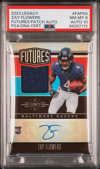 Zay Flowers Rookie Patch Auto PSA 8 2023 Panini Legacy Futures Patch #FAPS9 front