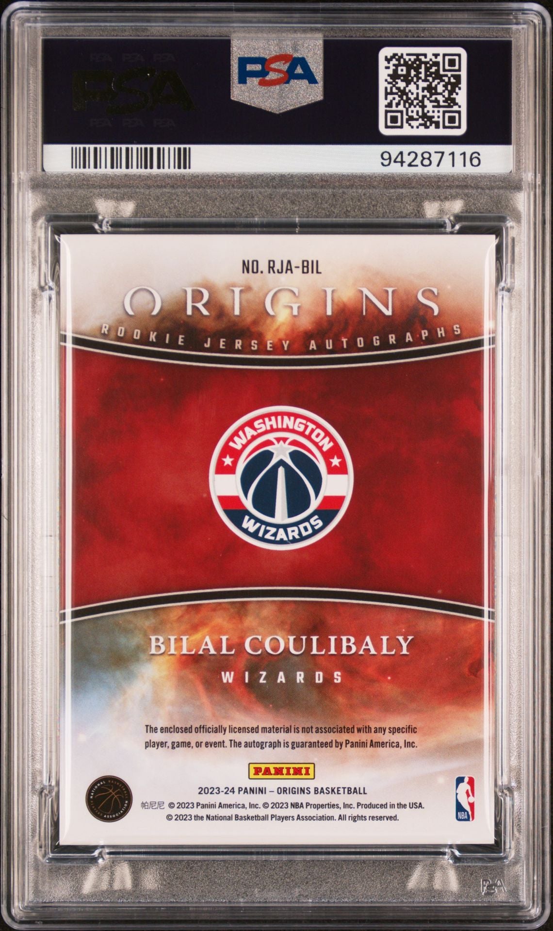 Bilal Coulibaly Rookie Jersey Auto PSA 7 2023 Panini Origins Red #RJABIL back