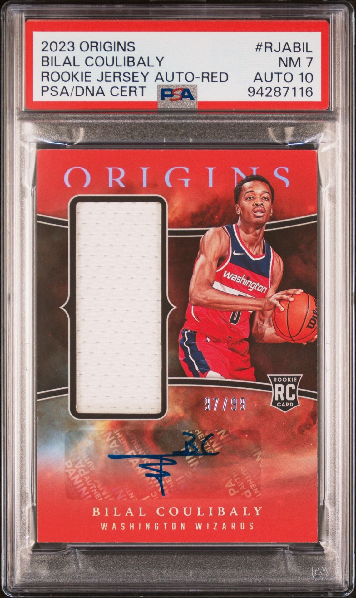 Bilal Coulibaly Rookie Jersey Auto PSA 7 2023 Panini Origins Red #RJABIL front