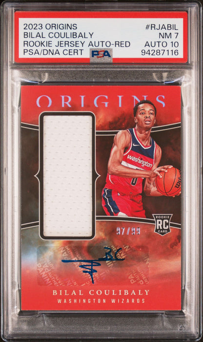 Bilal Coulibaly Rookie Jersey Auto PSA 7 2023 Panini Origins Red #RJABIL front