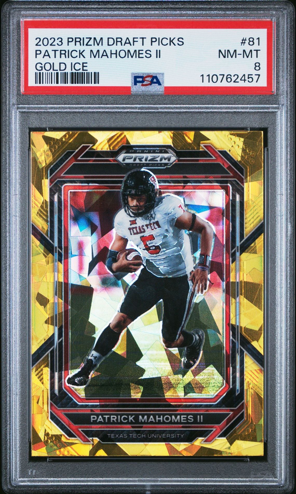 Patrick Mahomes II 2023 Panini Prizm Draft Picks Gold Ice #81 PSA 8 front of slab