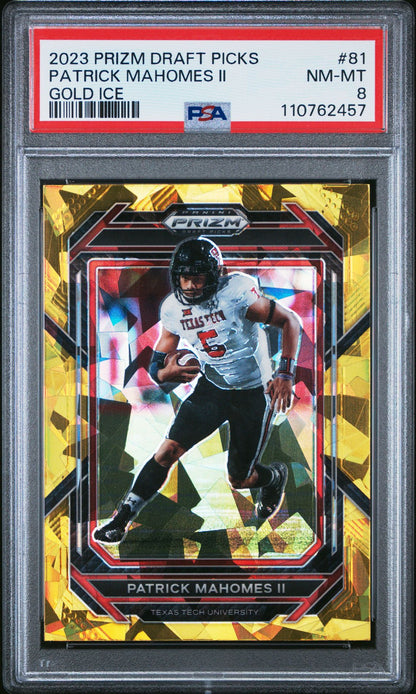 Patrick Mahomes II 2023 Panini Prizm Draft Picks Gold Ice #81 PSA 8 front of slab