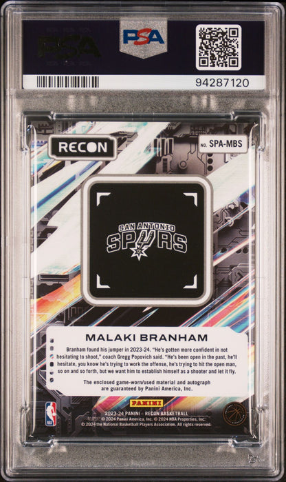 Malaki Branham Patch Auto PSA 8 2023 Panini Recon Seasoned Pro Purple #SPAMBS back