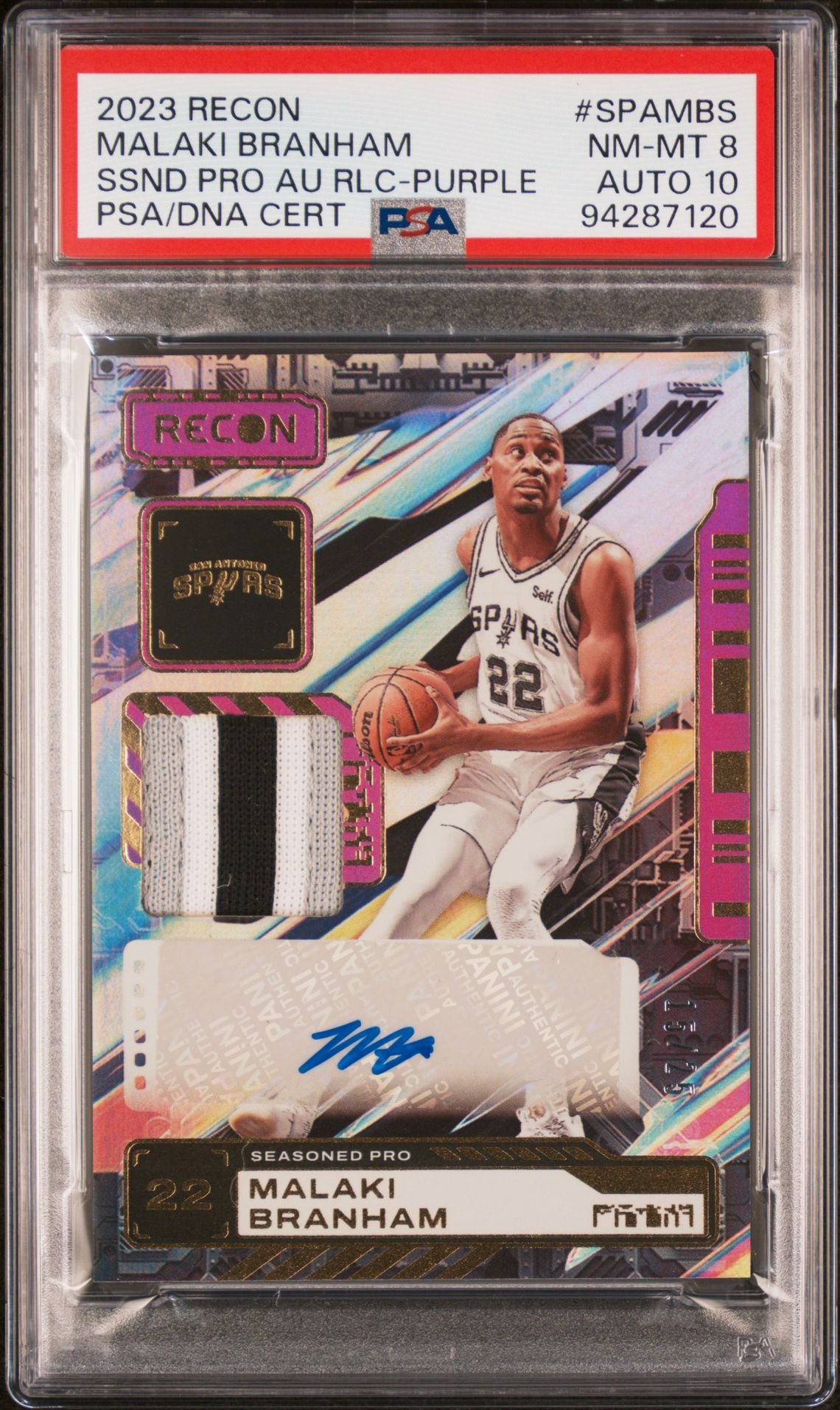 Malaki Branham Patch Auto PSA 8 2023 Panini Recon Seasoned Pro Purple #SPAMBS front