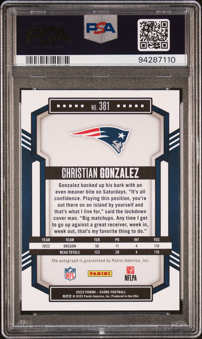 Christian Gonzalez Rookie Auto PSA 9 2023 Panini Score #381 back