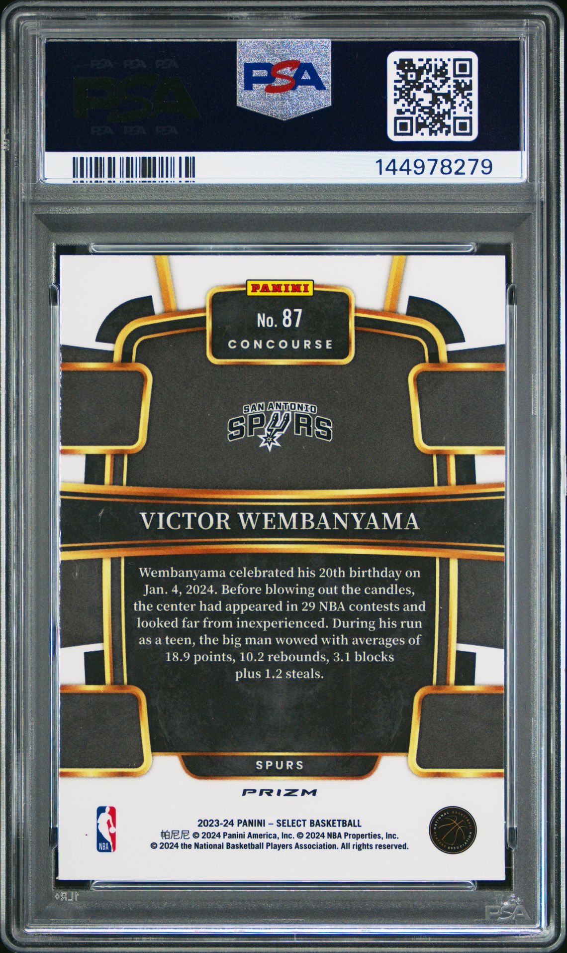 Victor Wembanyama PSA 9 2023 Panini Select Tectonic #87 back