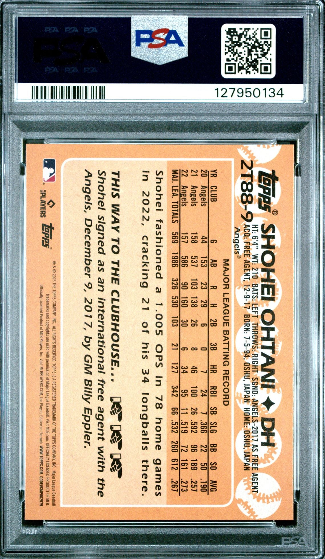 Shohei Ohtani PSA 10 2023 Topps 1988 - back of slab showing cert 127950134