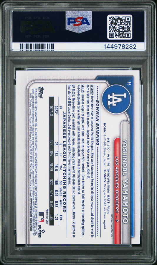 Yoshinobu Yamamoto Rookie PSA 10 2024 Bowman #36 back