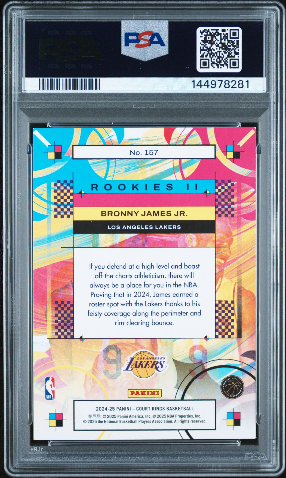 Bronny James Jr. Rookie PSA 9 2024 Panini Court Kings Rookies II #157 back