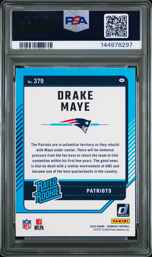 Drake Maye Rookie PSA 9 2024 Panini Donruss #379 back copy 1
