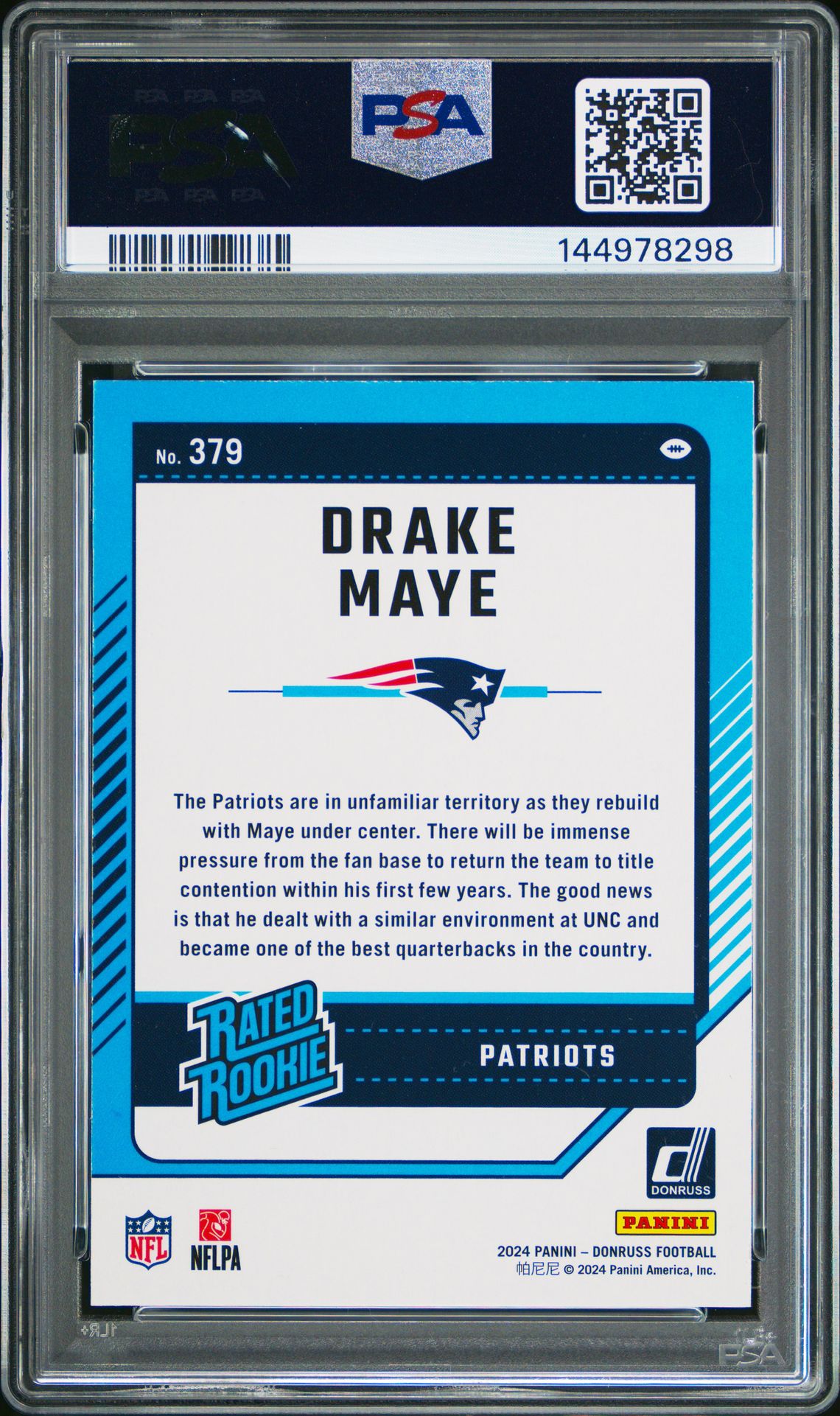 Drake Maye Rookie PSA 9 2024 Panini Donruss #379 back copy 2