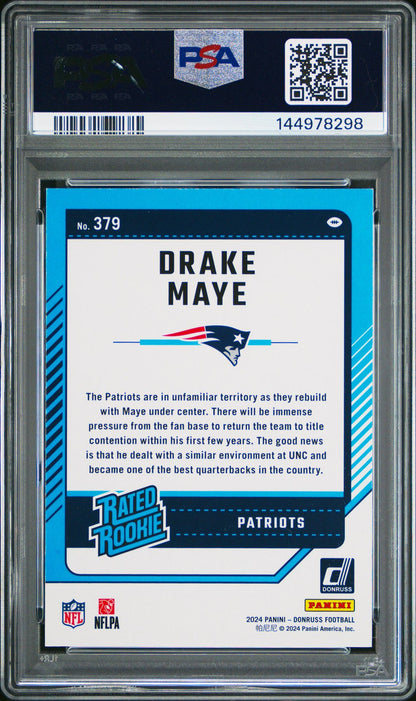 Drake Maye Rookie PSA 9 2024 Panini Donruss #379 back copy 2