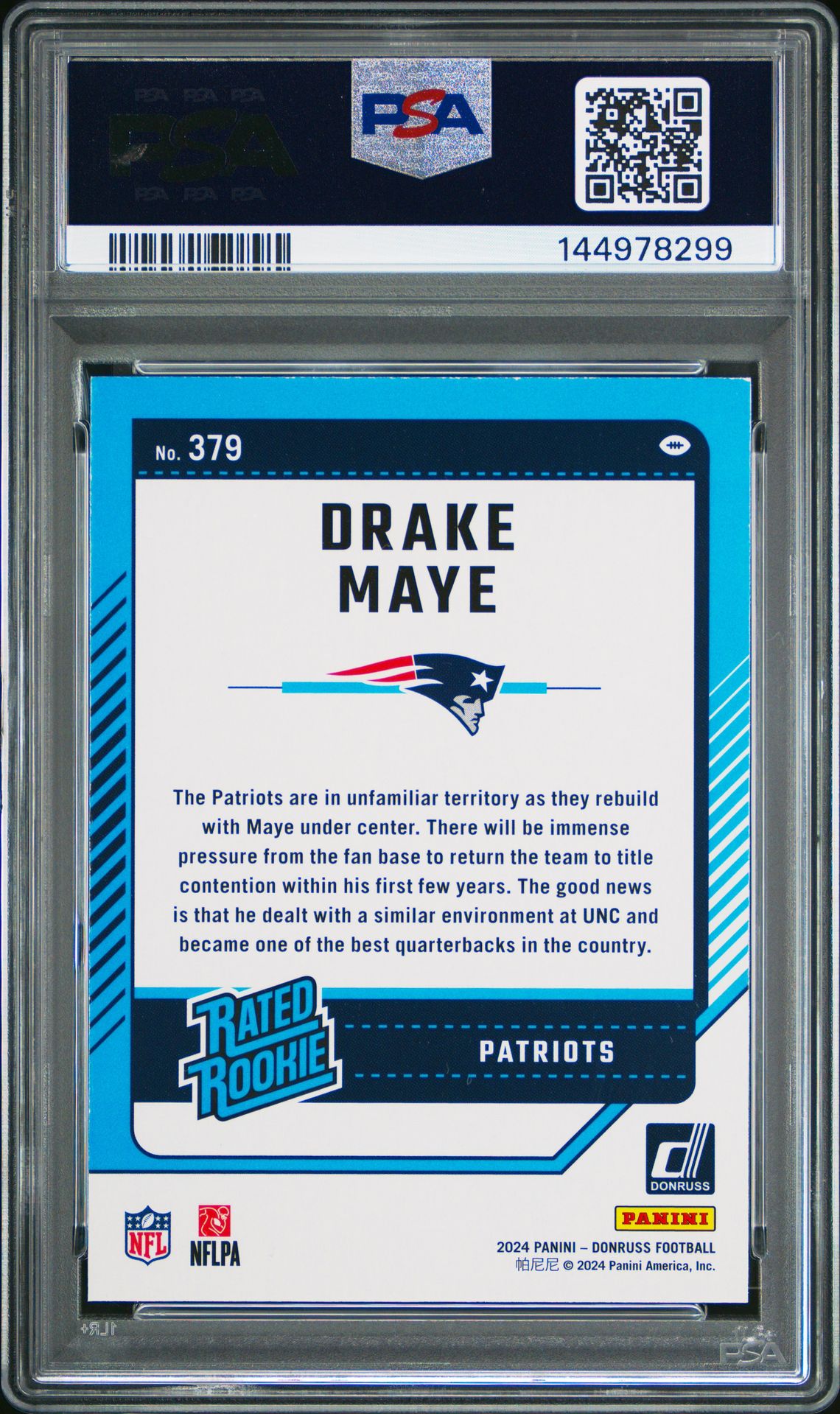 Drake Maye Rookie PSA 9 2024 Panini Donruss #379 back copy 3