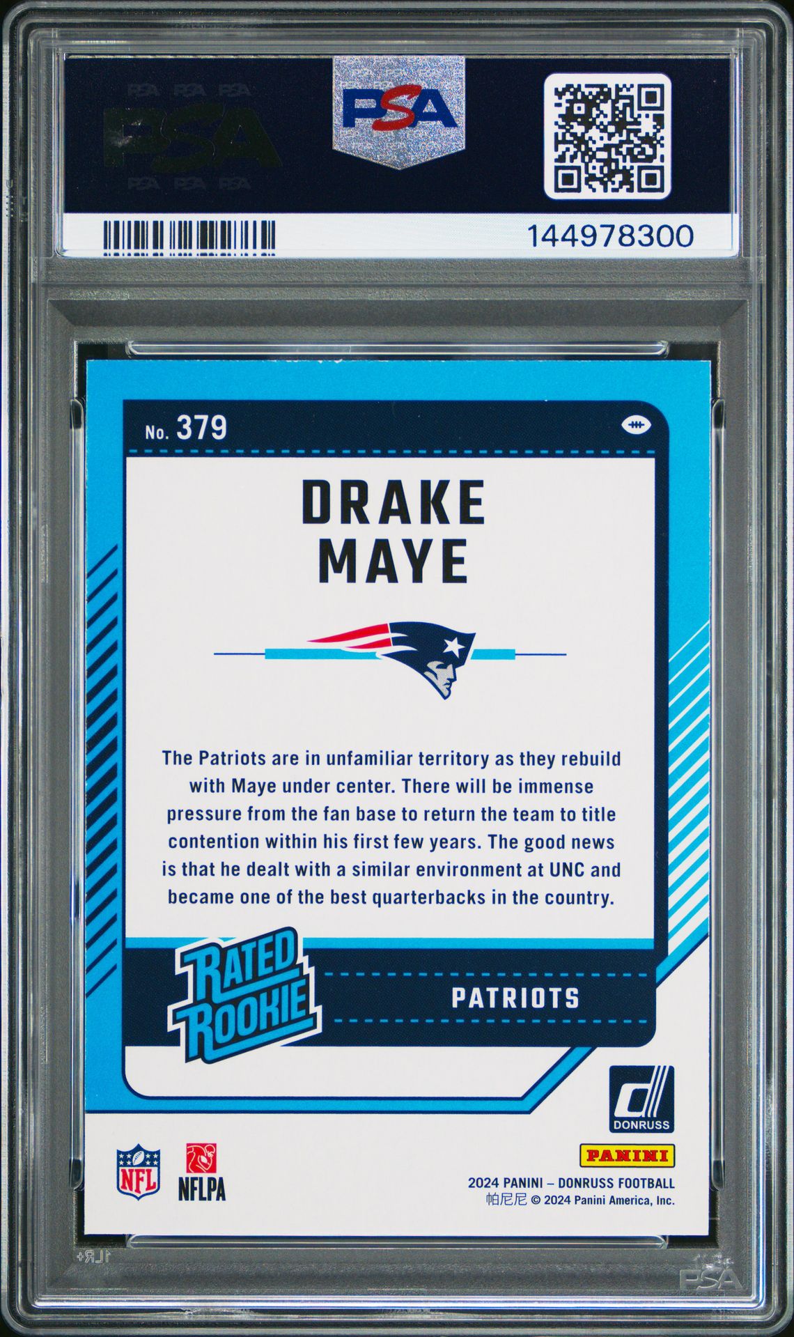 Drake Maye Rookie PSA 9 2024 Panini Donruss #379 back copy 4