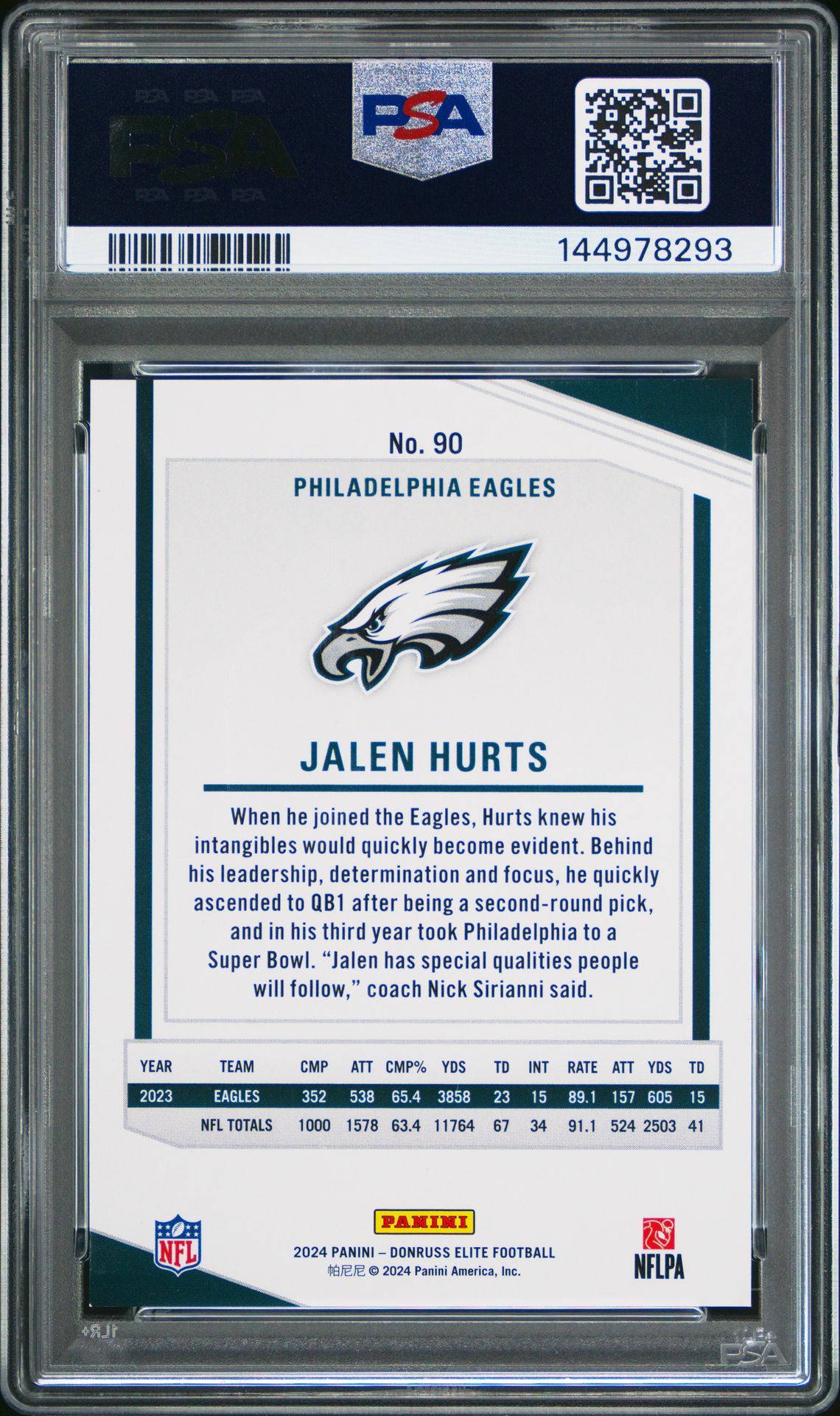 Jalen Hurts PSA 9 2024 Panini Donruss Elite Maroon #90 back