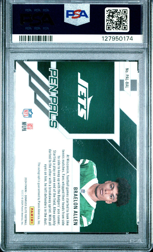 Braelon Allen Rookie Autograph PSA 9 2024 Panini Donruss Elite Pen Pals #PALBAL back