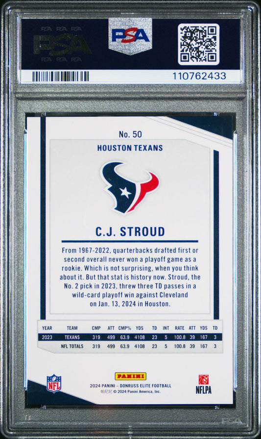 C.J. Stroud PSA 9 2024 Panini Donruss Elite Purple #50 /49 back