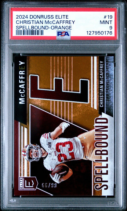 Christian McCaffrey PSA 9 2024 Donruss Elite Spellbound Orange /99 front