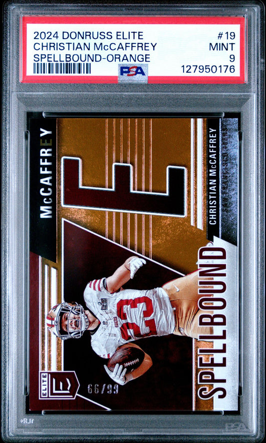 Christian McCaffrey PSA 9 2024 Donruss Elite Spellbound Orange /99 front