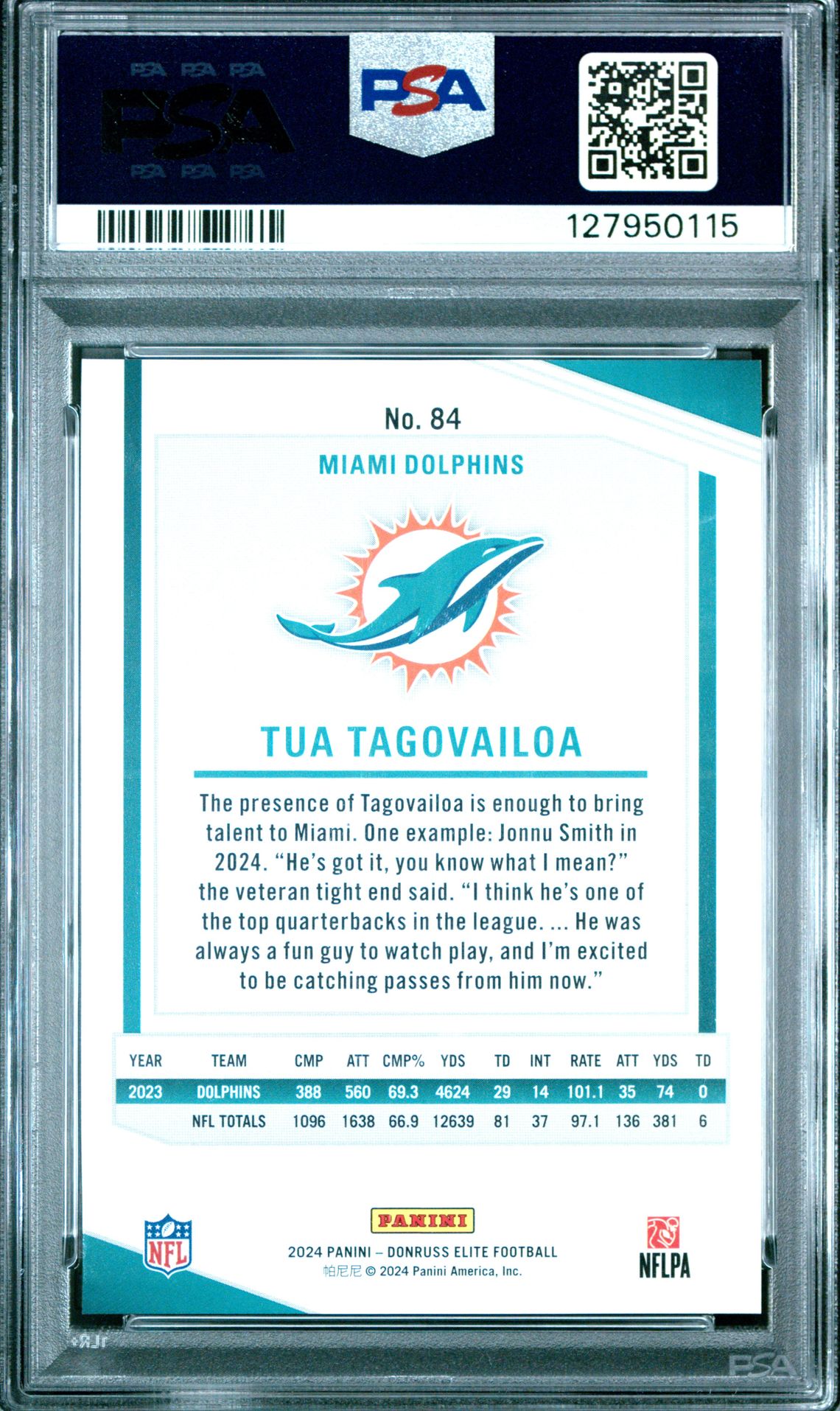 2024 Donruss Elite Black #84 Tua Tagovailoa PSA 10 - back of slab showing cert 127950115
