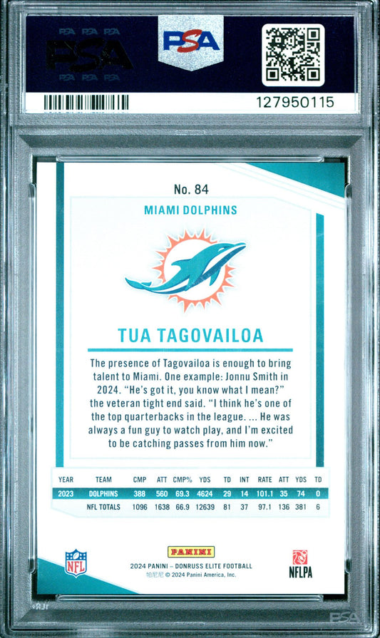2024 Donruss Elite Black #84 Tua Tagovailoa PSA 10 - back of slab showing cert 127950115