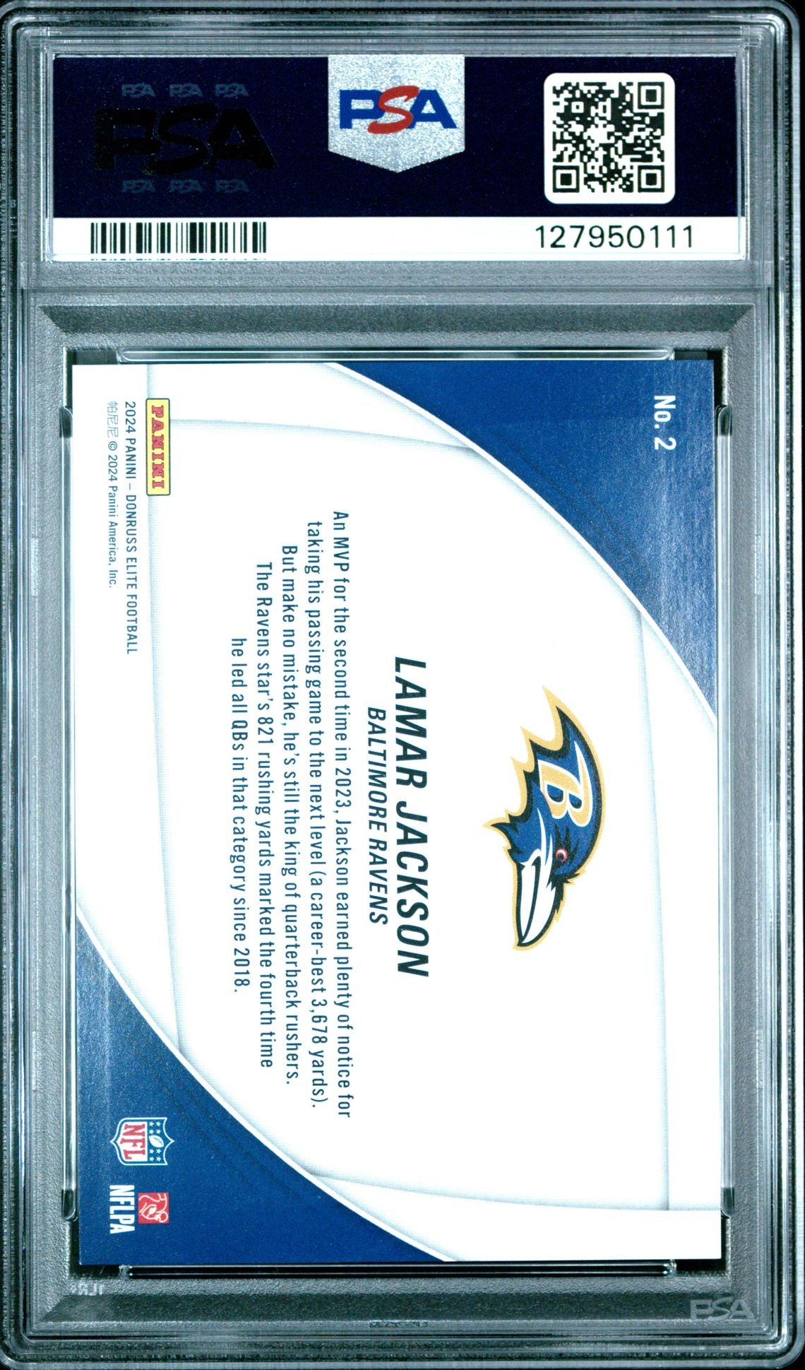2024 Donruss Elite Field Vision #2 Lamar Jackson PSA 9 - back of slab showing cert 127950111