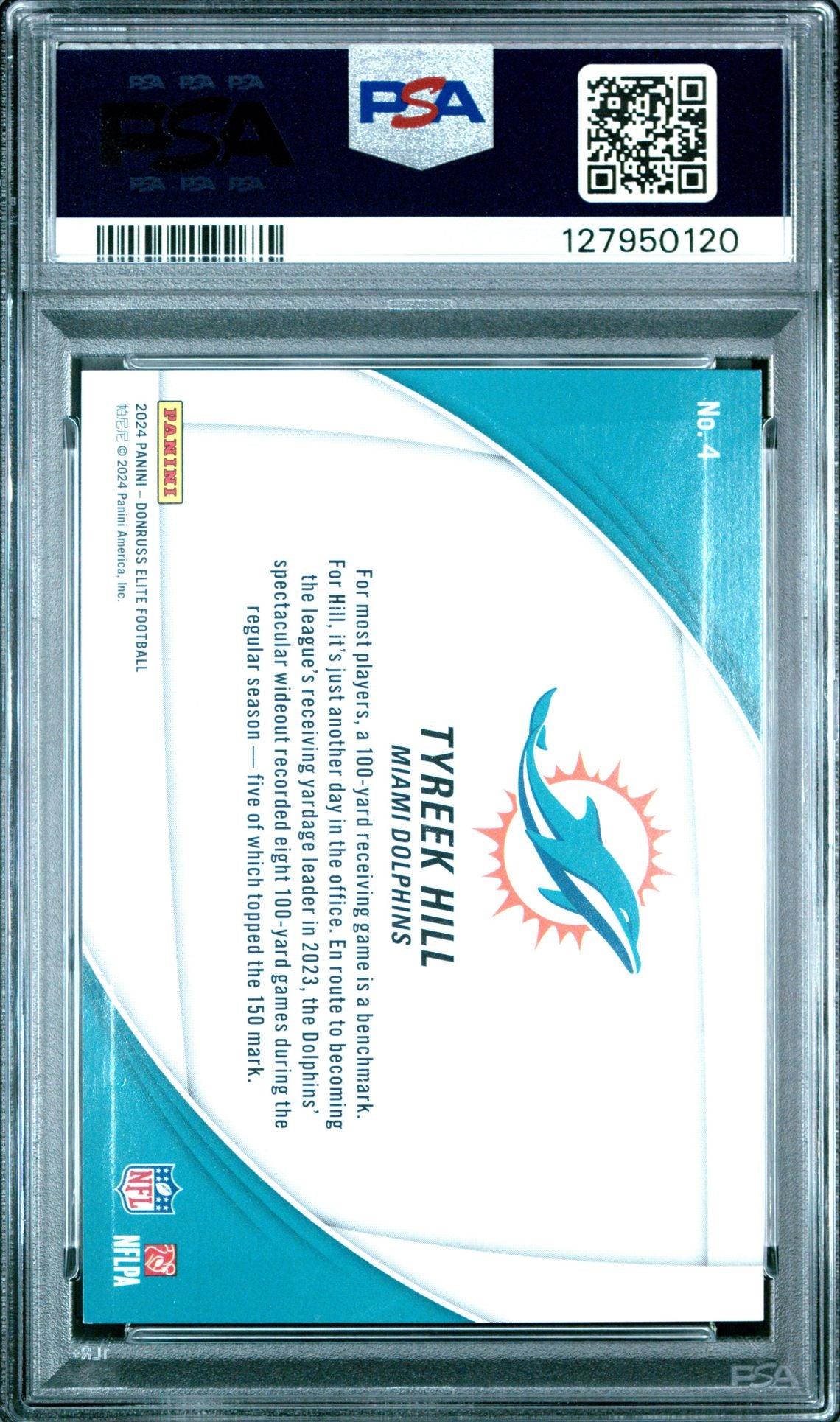 2024 Donruss Elite Field Vision Purple #4 Tyreek Hill PSA 9 - back of slab showing cert 127950120