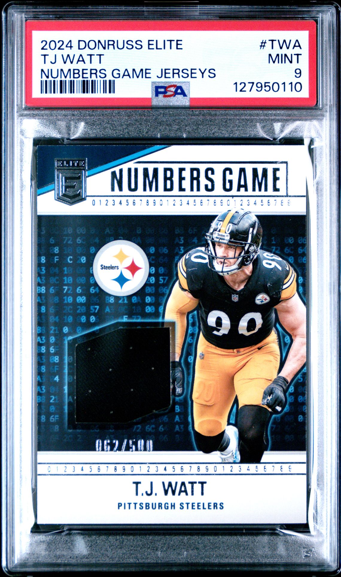 2024 Donruss Elite Numbers Game Jerseys T.J. Watt PSA 9 - front of slab