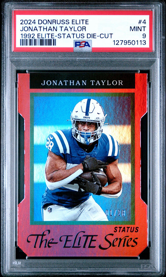 2024 Donruss Elite 1992 Elite Status Die-Cut #4 Jonathan Taylor PSA 9 numbered 01/28 - front of slab