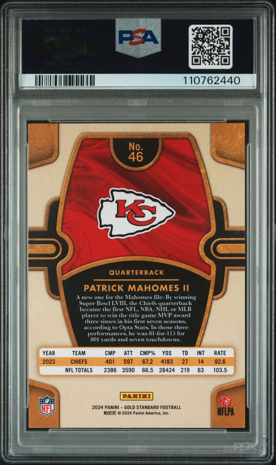 Patrick Mahomes II PSA 9 2024 Panini Gold Standard #46 /99 back