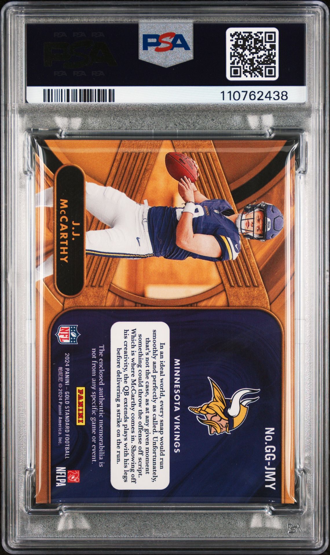 J.J. McCarthy Rookie Relic PSA 8 2024 Panini Gold Standard Gold Gear #GGJMY /299 back